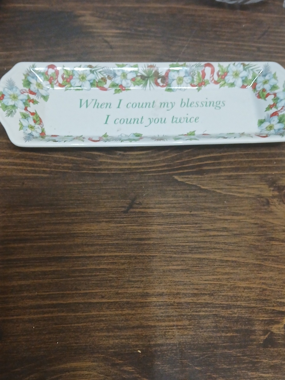 Spode White Trinket Tray with Green Script and Red Floral Garland